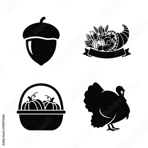 Thanksgiving food icons with pumpkin pie slices and turkey bird silhouettes on white space