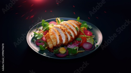 Experience the perfect harmony of smoky grilled protein and crisp garden freshness in this elegantly plated gourmet masterpiece.