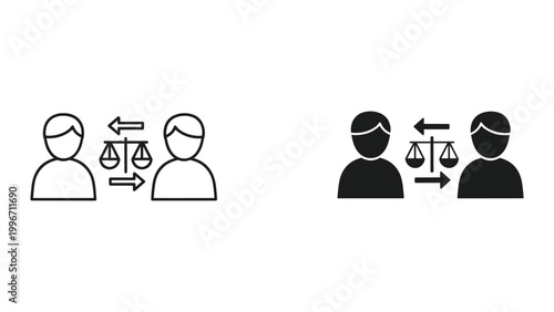 Two people with scales in the middle comparing or negotiating something