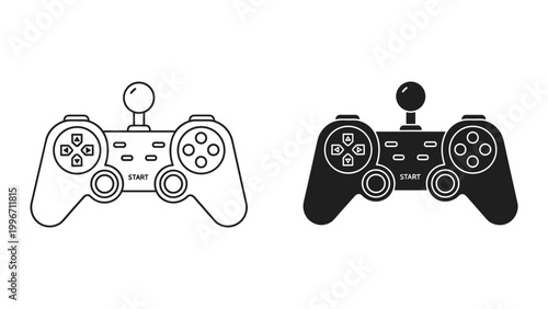 Vector illustrations of two gaming controllers in black and white line art on a white background
