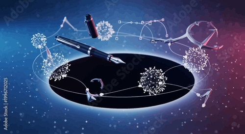 A sophisticated fountain pen creating imaginative designs with abstract elements against a gradient background