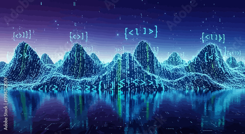 Digital mountain range landscape with abstract data points and binary code reflecting in water