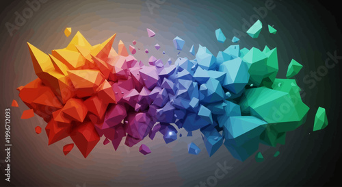 Explosion of vibrant abstract polygonal shapes and particles in a spectrum of rainbow colors, creating a dynamic and energetic visual effect