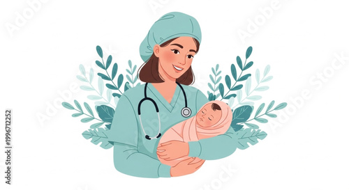  International Day of the Midwife Caring Nurse Holding Newborn Baby with Stethoscope and Greenery