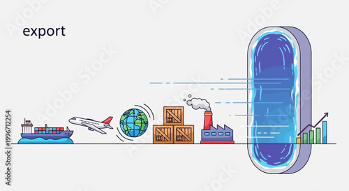 Global trade and export logistics illustrated with cargo ship, airplane, boxes, factory, and digital analytics, depicting international commerce and supply chain operations