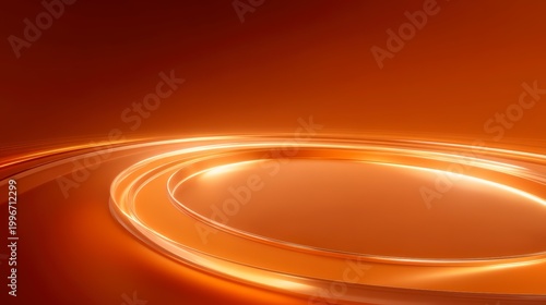 Abstract orange background with glowing circular light trails and smooth curved lines in 3d render