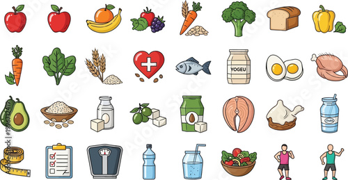 Healthy Food and Nutrition Icons Set for Diet and Wellness

Organic Grocery and Balanced Diet Vector Illustration Collection

Fruits Vegetables and Proteins Icons for Healthy Lifestyle