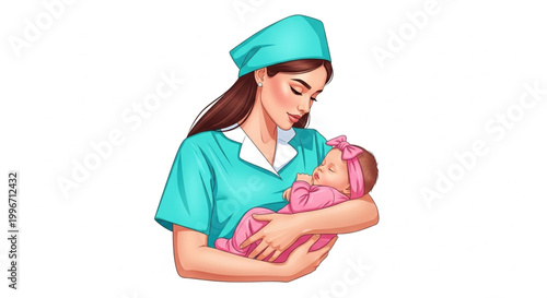  International Day of the Midwife Caring nurse lovingly cradles a sleeping newborn baby in her arms, a symbol of gentle healthcare and maternal affection