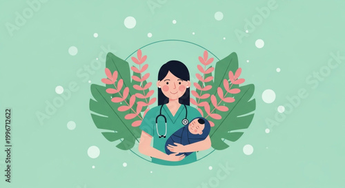  International Day of the Midwife A kind nurse lovingly holding a newborn baby in her arms, surrounded by subtle floral and leaf decorations
