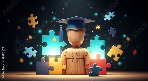 Wooden figure with graduation cap surrounded by glowing puzzle pieces.