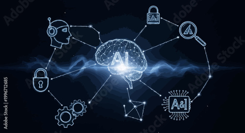 AI Brain Network Connections Technology Data Processing and Security Concepts Illustration