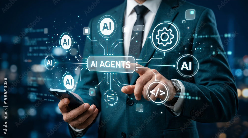 Obraz premium AI Agents Automation Interface with Connected Workflow and Digital Icons