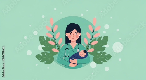  International Day of the Midwife nurse cradles a newborn baby in her arms, symbolizing the tenderness and compassion of healthcare professionals during the precious moments of birth and early infancy