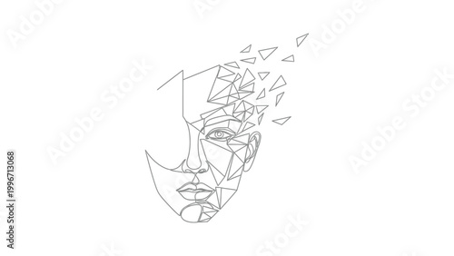 A line drawing of a shattered face.