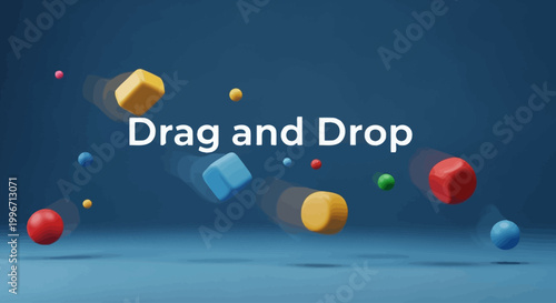 Abstract 3D Blocks Falling and Floating with Text 'Drag and Drop' on Blue Background