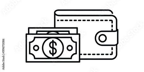 Black line icon of money and wallet isolated on white background