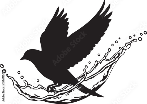 Bird flying out of water, black silhouette, vector illustration, aquatic scene
