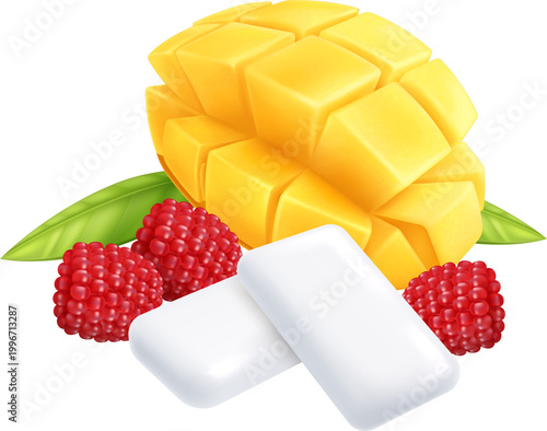 Knolling of tropical fruits including pineapple, mango, and dragon fruit on yellow. Summer vitamin concept.