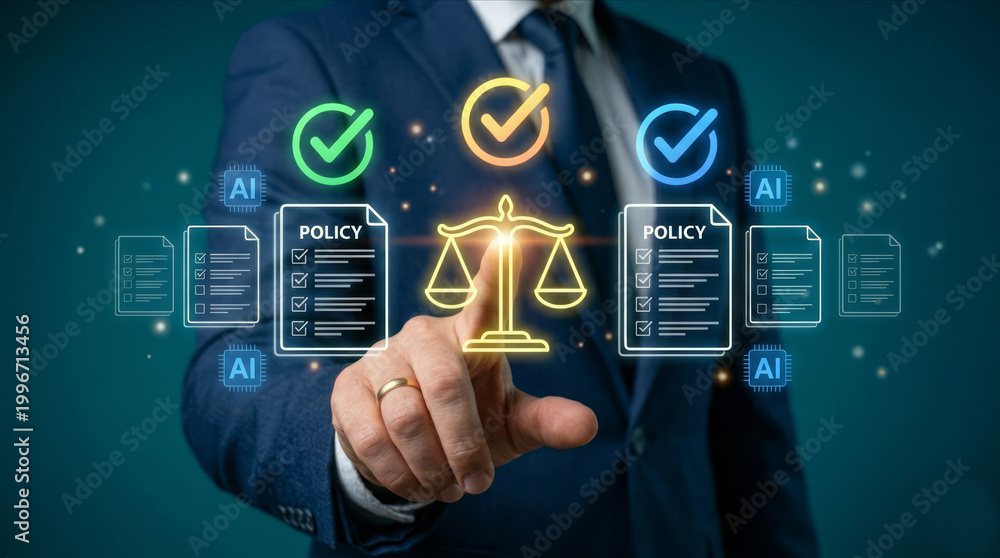 Obraz premium AI Compliance Management with Legal Scales and Policy Document Icons
