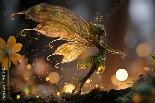 Forest angel with transparent leaf wings shaped like autumn leaves, body made of bark & creepers, luminous green spots, floating delicately above flowers, magical pollen, dreamlike atmosphere