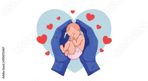  International Day of the Midwife Close-up of a newborn baby cradled in loving hands, surrounded by a gentle heart-shaped border and small red hearts, symbolizing protection and care