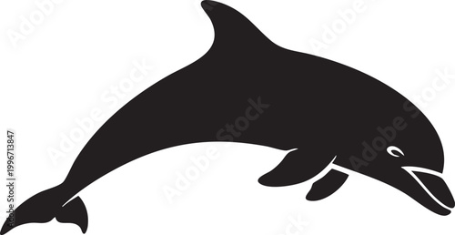 Black dolphin silhouette, marine mammal icon, ocean animal symbol, vector graphic