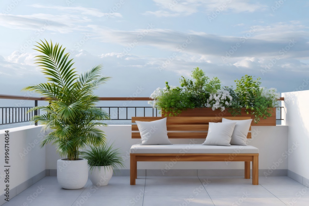 Fototapeta premium Relaxing balcony with wooden bench and potted plants