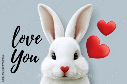 White rabbit expressing love with hearts and text
