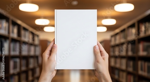 Hands holding a blank white book in a library, ready for custom cover design.