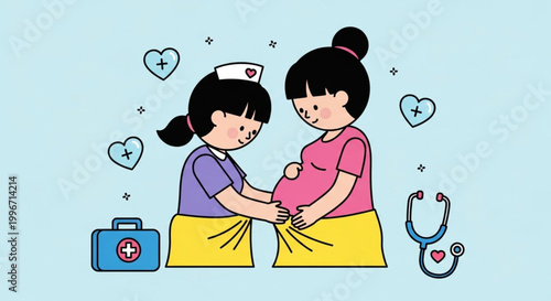  International Day of the Midwife nurse performing a thorough prenatal check-up on a pregnant woman, highlighting maternal health and professional support during the significant pregnancy journey