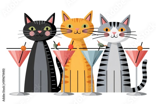 Cats enjoying cocktails at a retro party