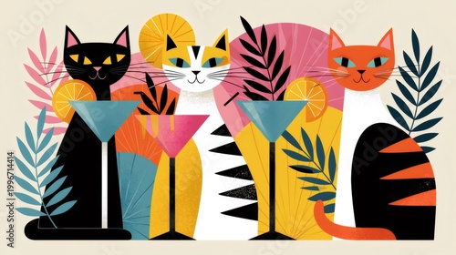 Mid-century modern cats enjoying tropical cocktails