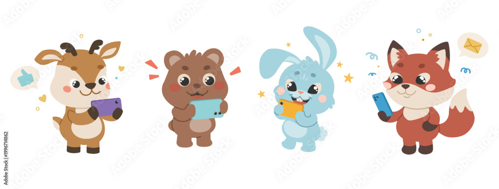 Fototapeta premium Forest animals use smartphones. Cute, furry characters communicate, chat, play, and watch videos on their mobile phones. A hare, fox, deer, and bear are all equipped with a modern gadget