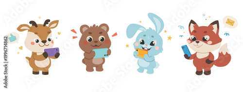 Forest animals use smartphones. Cute, furry characters communicate, chat, play, and watch videos on their mobile phones. A hare, fox, deer, and bear are all equipped with a modern gadget