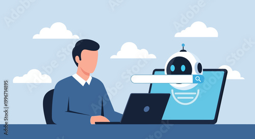 Man Interacting with AI Chatbot on Laptop. Vector Illustration