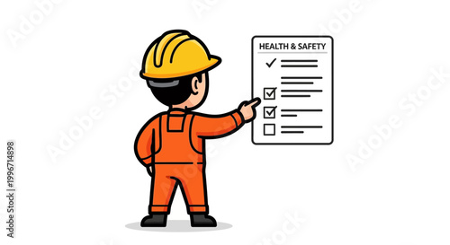 Cartoon construction worker in safety gear looking at empty copy space