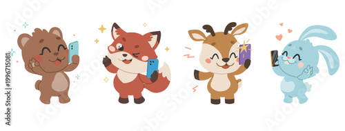 A hare, a fox, a deer, and a bear are using a smartphone. The cute furry characters take selfies and videos and communicate via mobile phone. Forest animals with a modern gadget