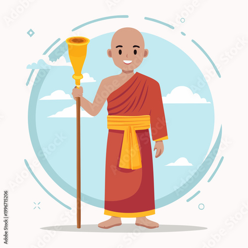 Buddhist Monk Holding a Staff with a Bell