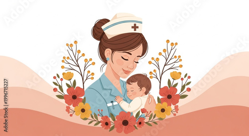 A compassionate nurse tenderly holding a newborn baby surrounded by a gentle floral border, celebrating care and new life