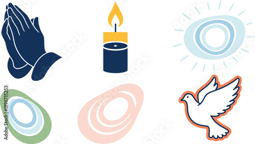 Hands clasped in prayer appear alongside a lit candle and a flying dove in this collection of spiritual icons.