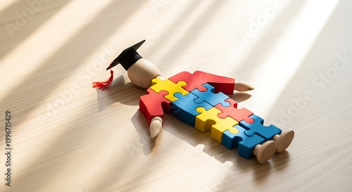 Wooden Mannequin with Colorful Puzzle Pieces and Graduation Cap Symbolizing Neurodiversity and Educational Journey.
