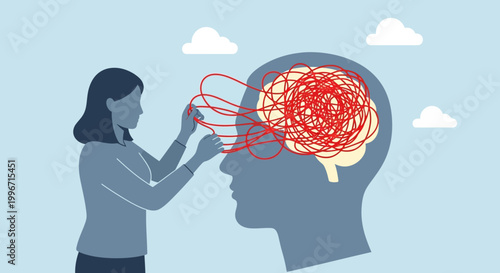 Therapist untangling messy thoughts in a patients brain, symbolizing mental health support. vector illustration