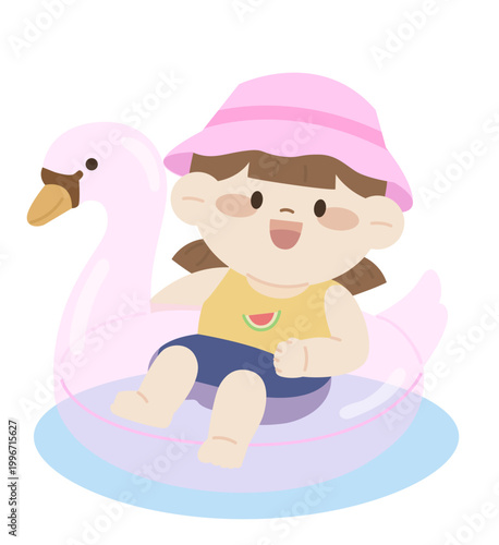 여름 활동을 하는 귀여운 어린이 유아 캐릭터 물놀이하는 어린이 플랫 일러스트 Cute kid character for summer activities, flat illustration of kids playing in summer.
