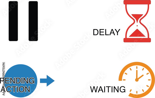 Icons representing delay and waiting symbolize project management challenges in a professional workflow.