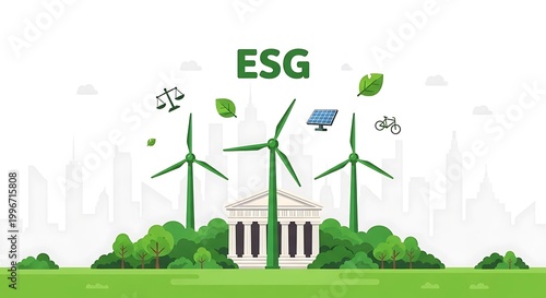 ESG concept with wind turbines and green energy for sustainable business.