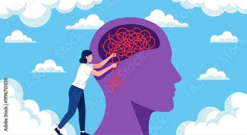 Woman untangling messy thoughts in a large head, symbolizing mental clarity and problem-solving. vector illustration