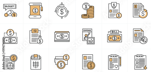 Financial Money and Banking Icon Set with Dollar, Invoice, Bill, Wallet, Coin, and Payment Symbols for Finance, Business, and App DesignsFinancial Money 