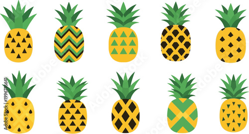 Ten stylized pineapples with geometric patterns in yellow, green, and black on a white background fruit