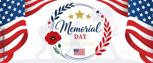 Memorial Day Honoring All Who Served Banner with American Flag, Red Poppy, Laurel Wreath, Gold Stars and Soldier Silhouettes – Patriotic Holiday Design