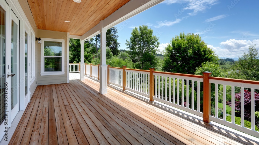 Obraz premium Large house exterior deck with forest view
